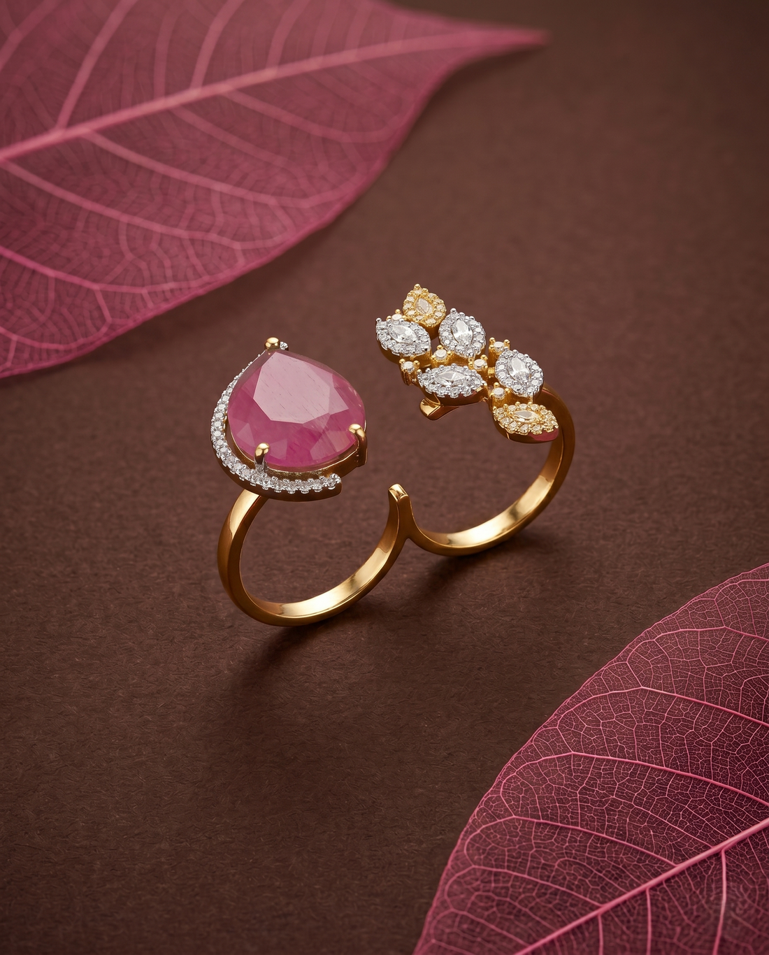 Dual Elegance Adjustable Ring – Statement Stone & Diamond Cluster | Fit for All Fingers