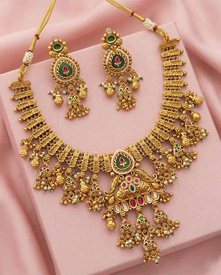 Antique Gold Necklace Set with Green Enamel & Kundan Work