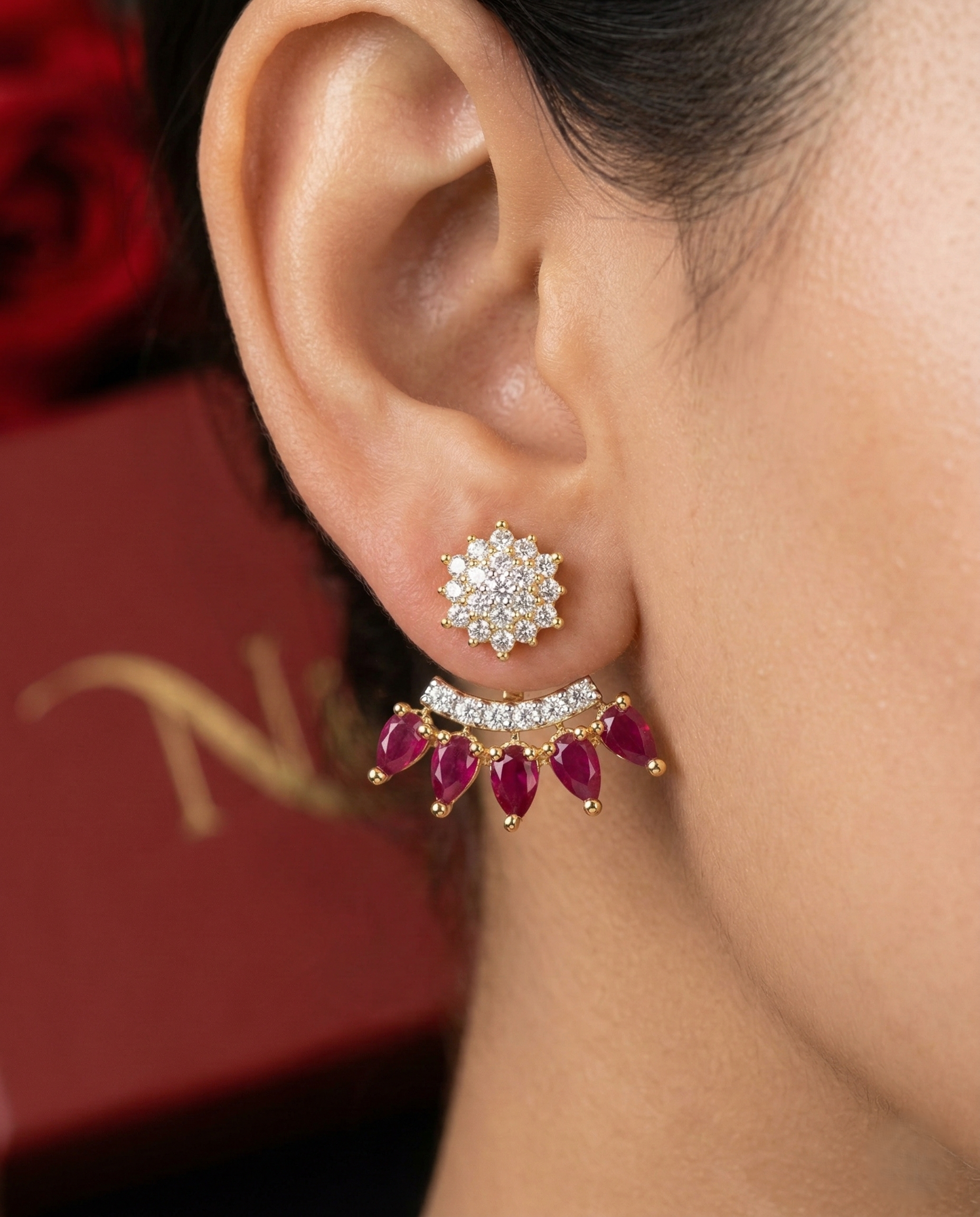 2-Way Convertible Floral CZ Earrings – 2 Colour Green & Ruby Variants