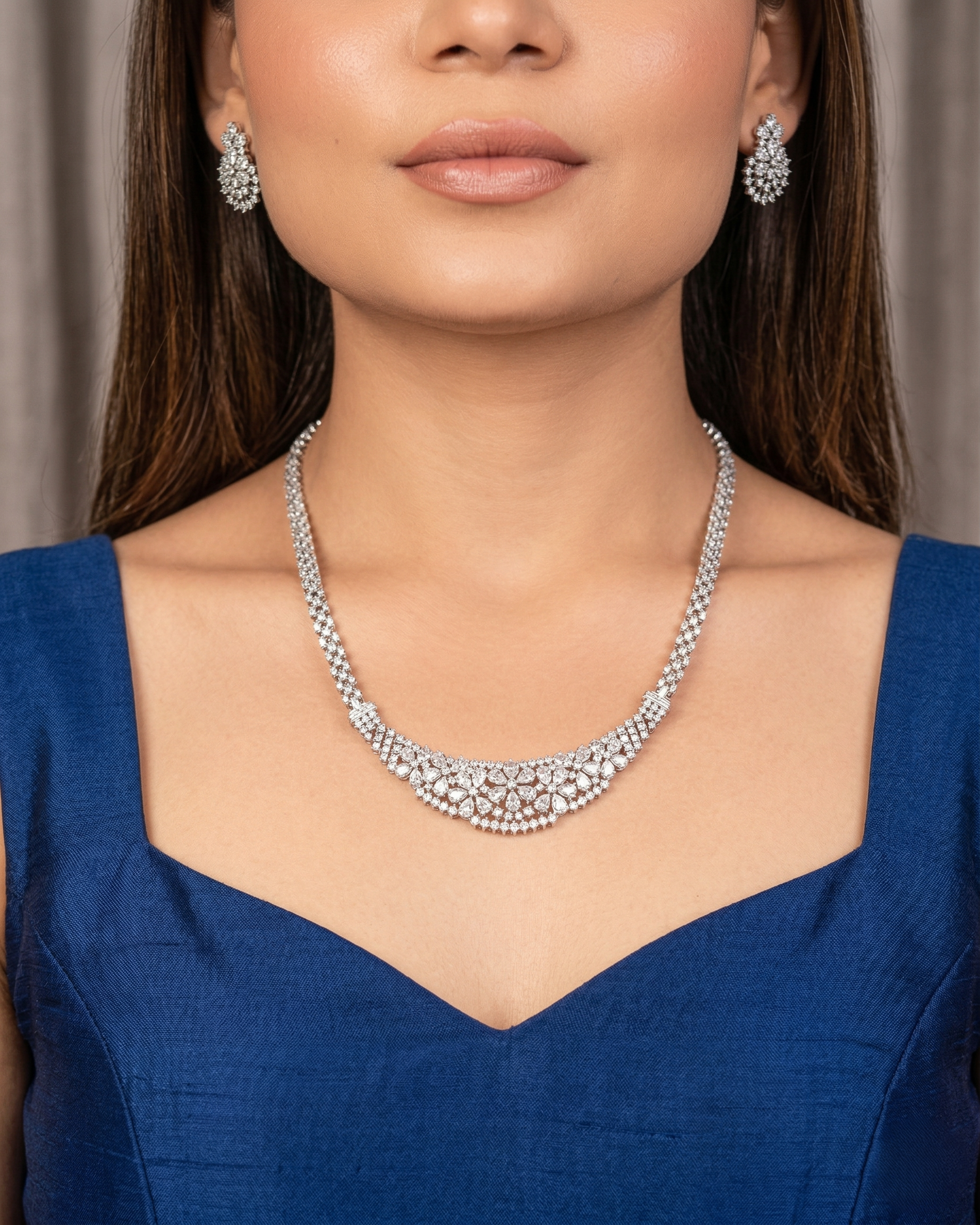 Gold & Silver Finish Diamond-Style Necklace Set for Bridal Wear