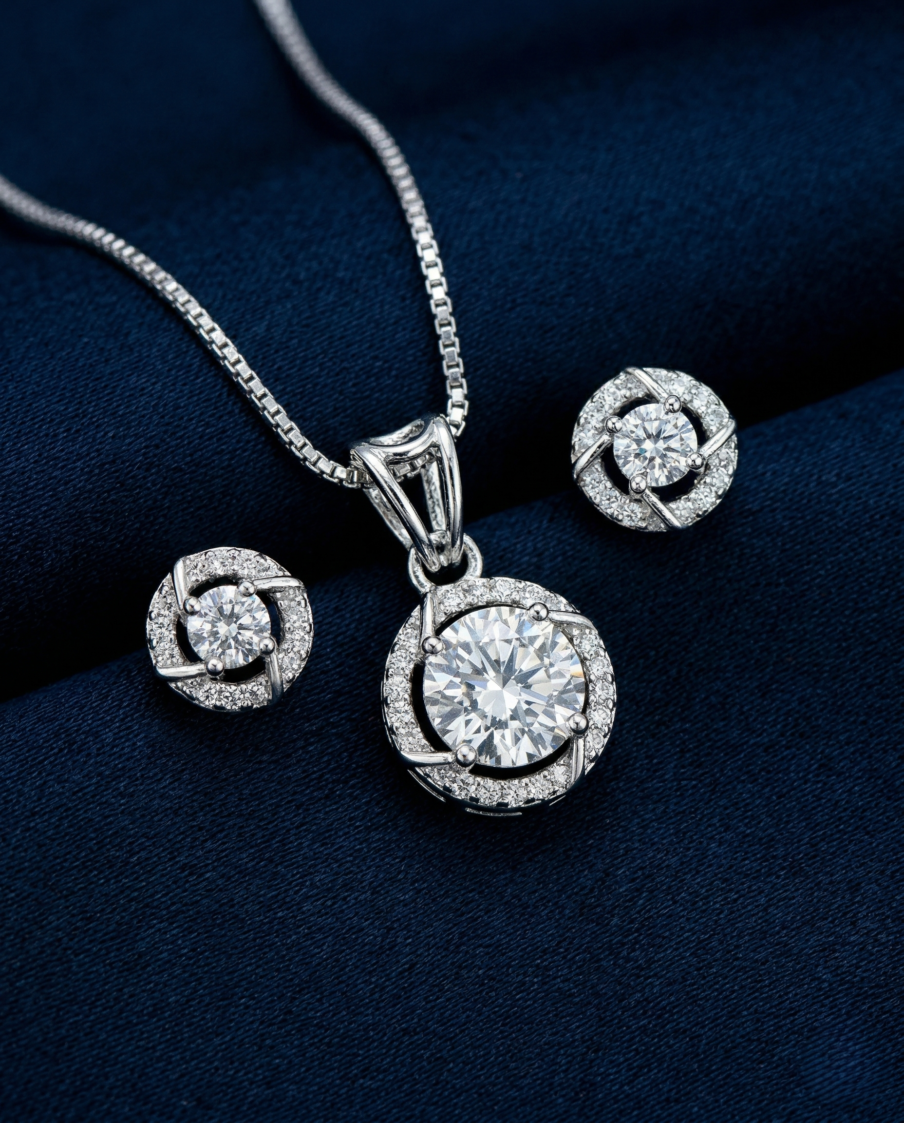 Premium Solitaire Sparkle Pendant Set with Chain & Earrings (Gold / Silver Finish)