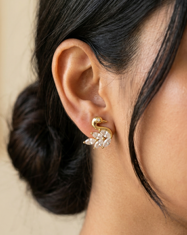 Premium Swan Design Diamond Earrings for Women | Gold Polish Leaf Pattern Party Wear Earrings