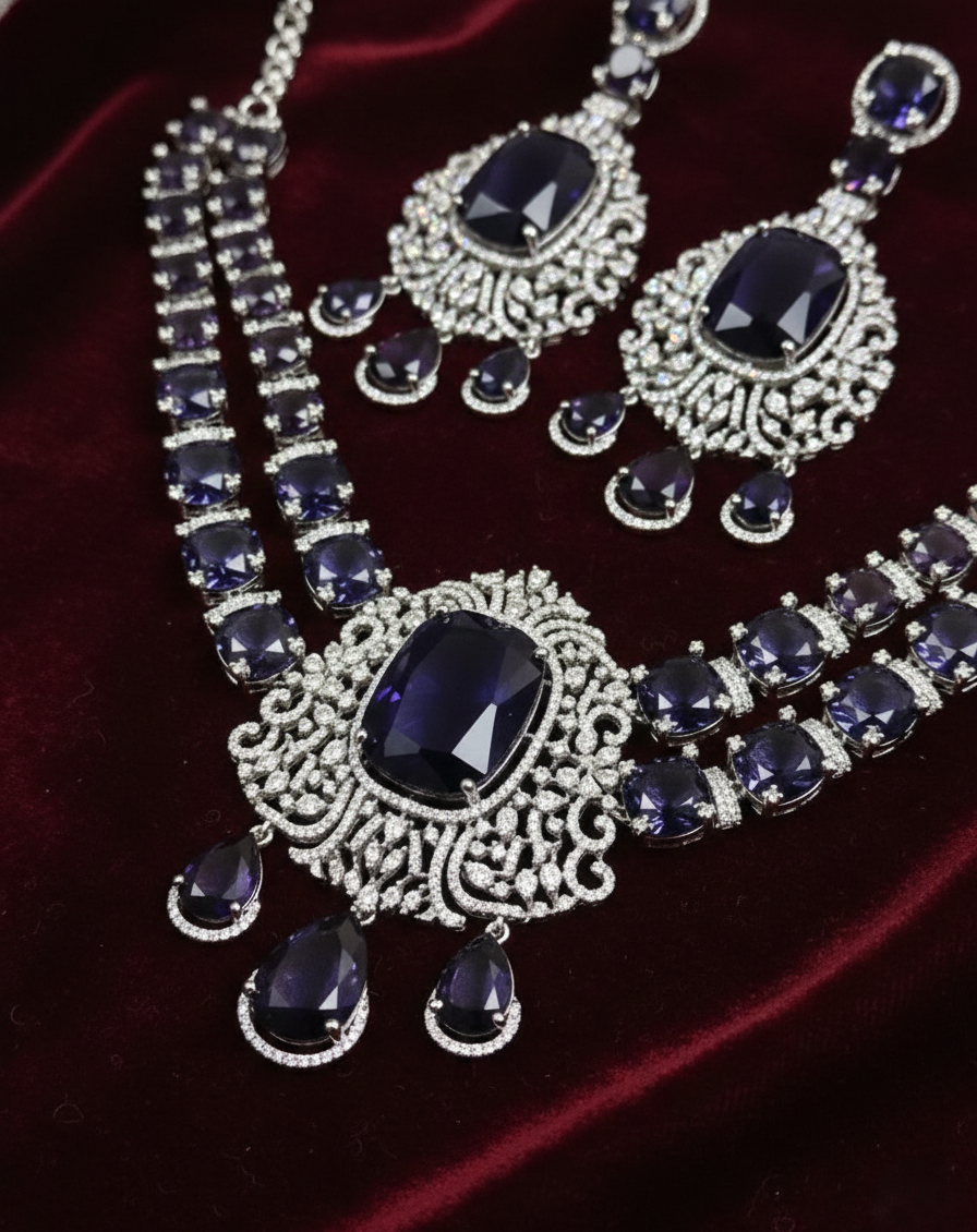 Purple Stone Diamond Necklace Set with Matching Earrings – Silver Finish