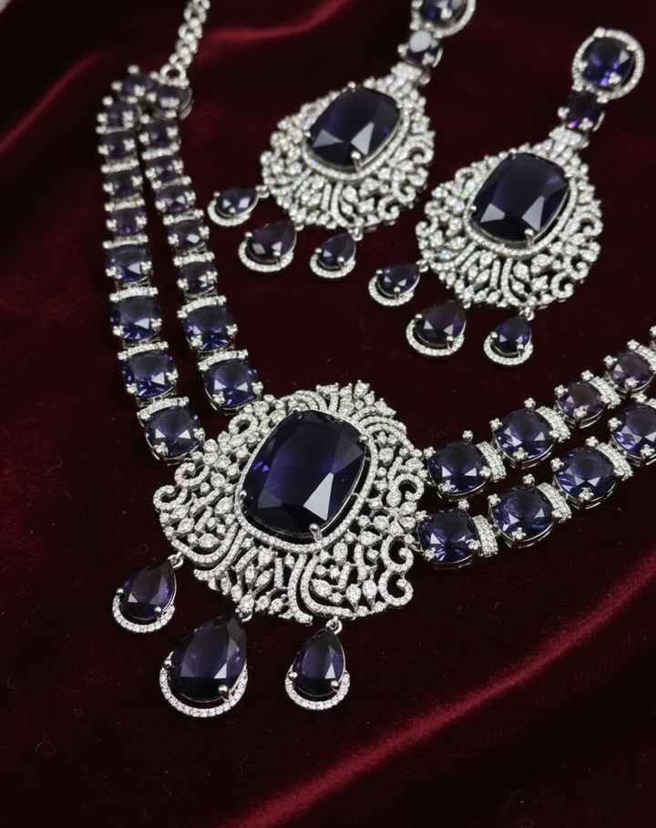 Purple Stone Diamond Necklace Set with Matching Earrings – Silver Finish
