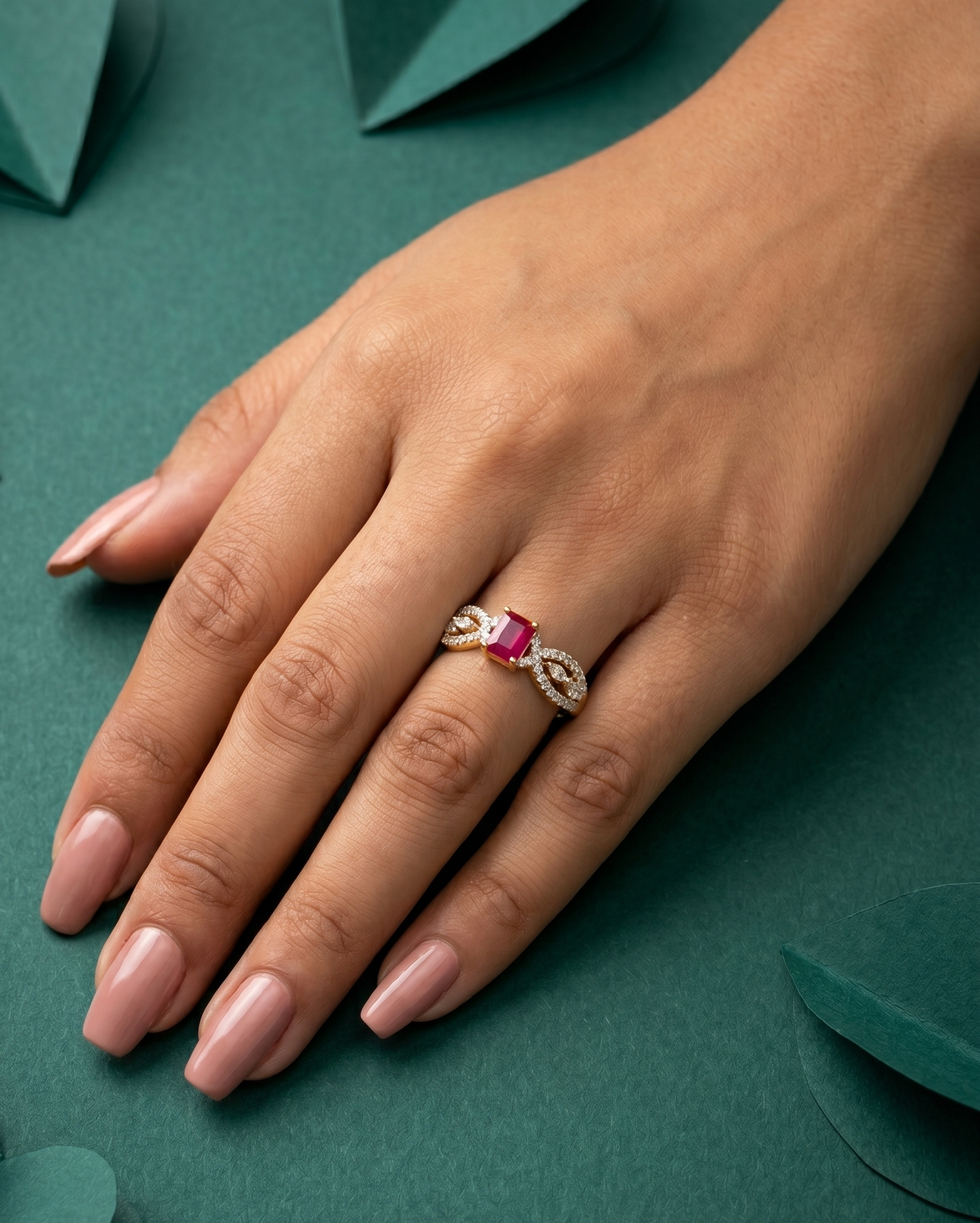 Emerald Cut Stone Designer Ring Gold Plated Adjustable – Red / Green Stone
