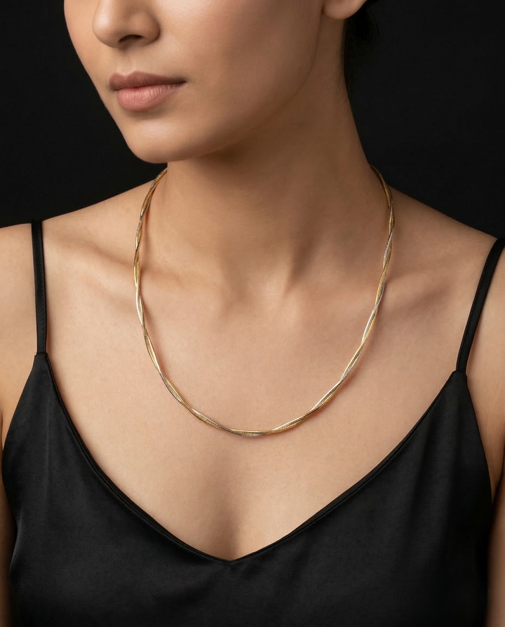 2 Liner Twisted Gold Silver Hasli Chain Necklace