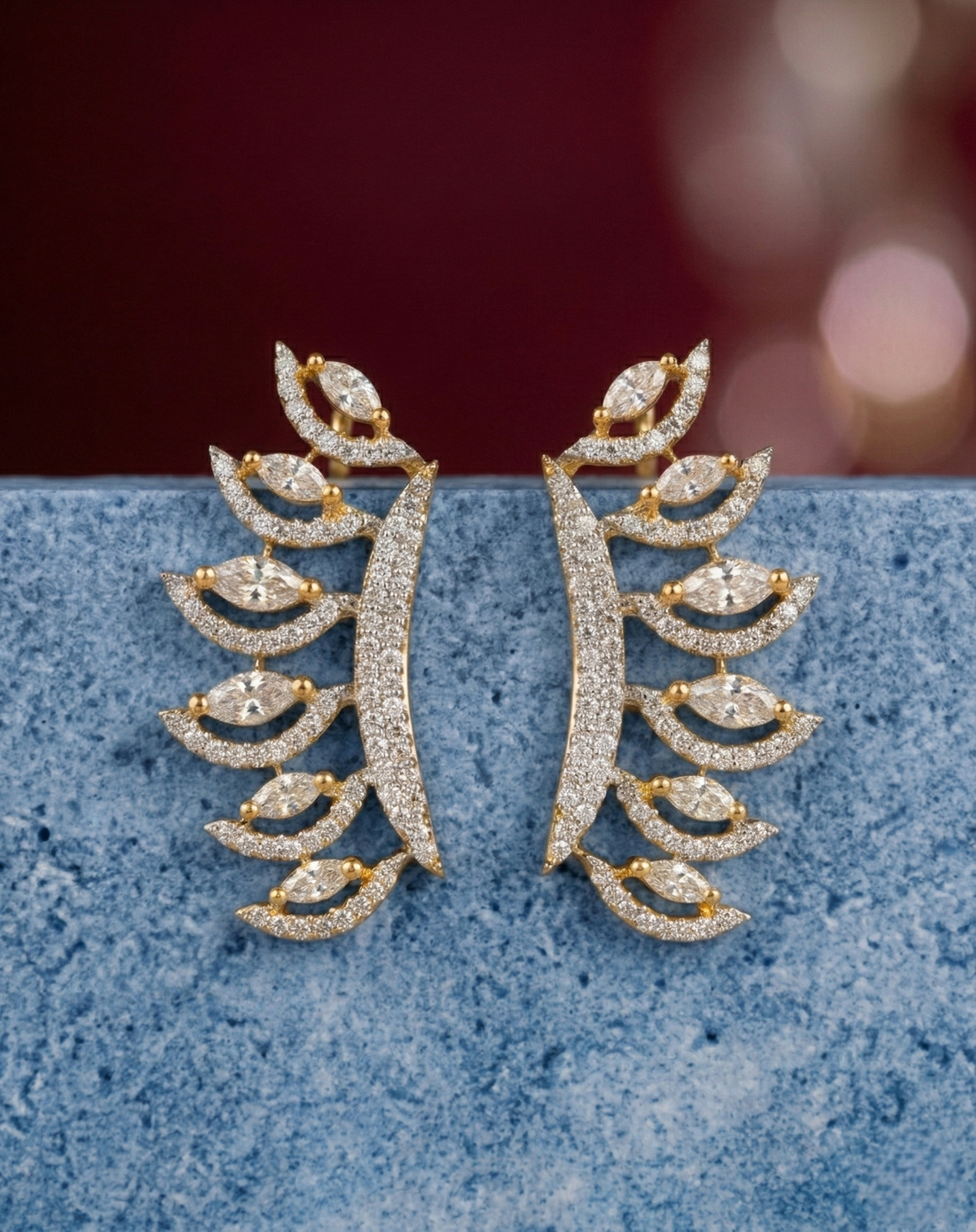 Premium Luxe Leaf Climbers – Gold Polish Diamond Statement Earrings