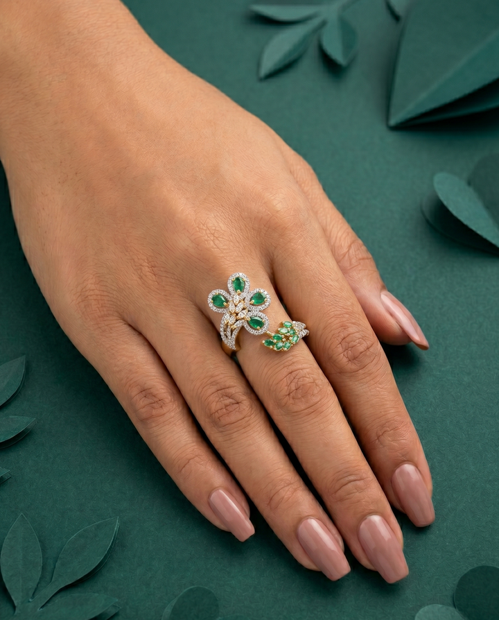 Royal Floral Stone Gold Plated Adjustable Ring (Ruby Red, Diamond White, Emerald Green)