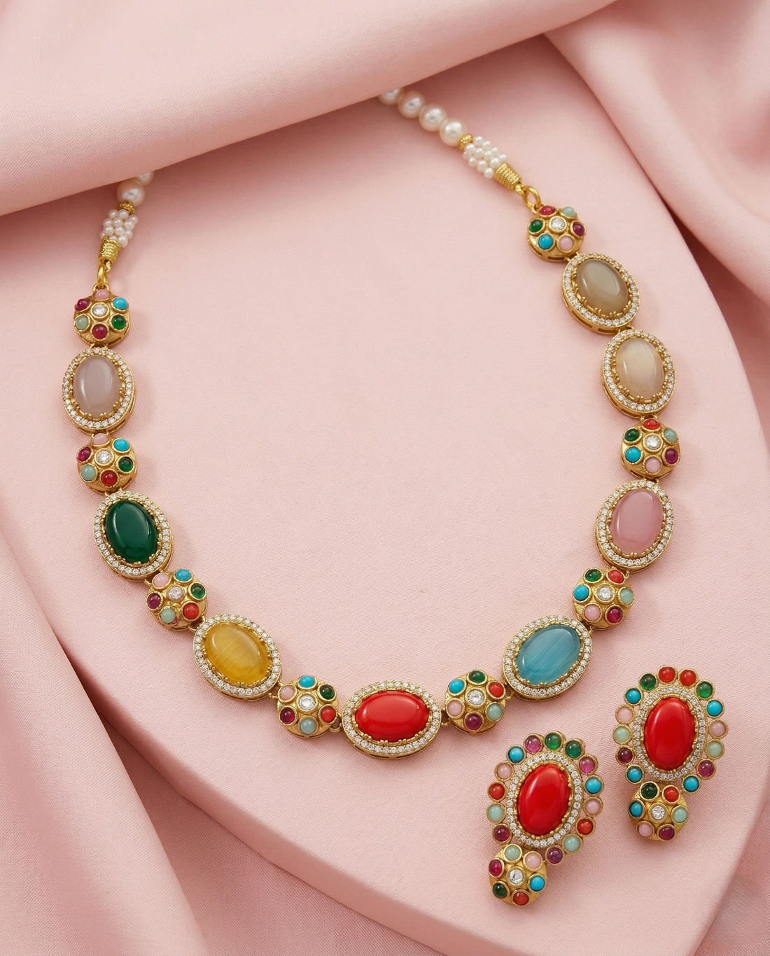 Premium Multicolor Oval Stone Statement Necklace Set (Green / Red / Yellow Variants)