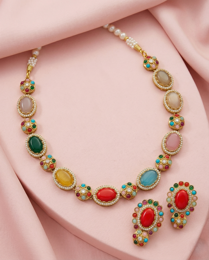 Premium Multicolor Oval Stone Statement Necklace Set (Green / Red / Yellow Variants)