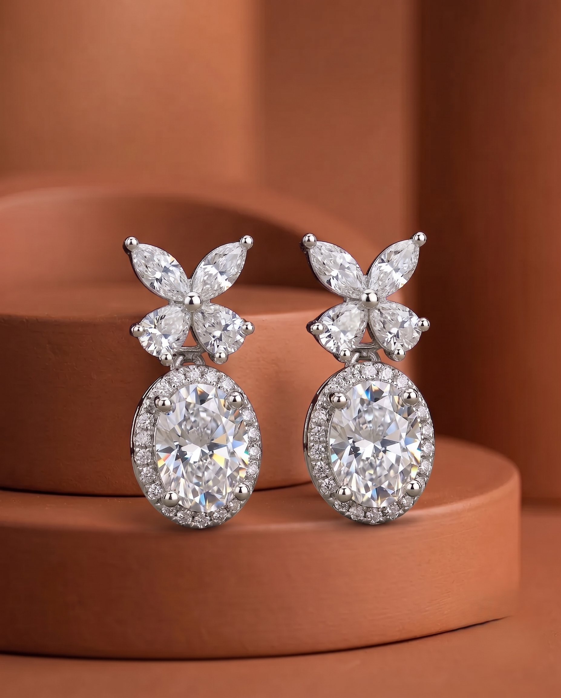 Veloura Bloom Drops – Floral Diamond Oval Earrings in Ruby, Black, White & Green