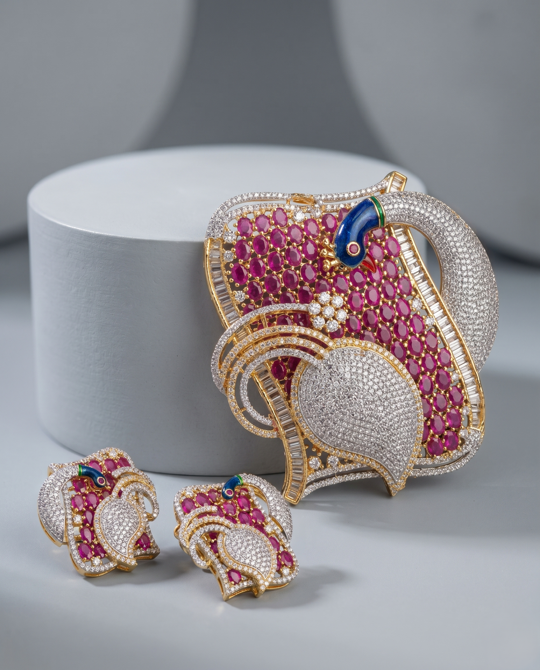 Mayurika Ruby American Diamond Peacock Pendant Set