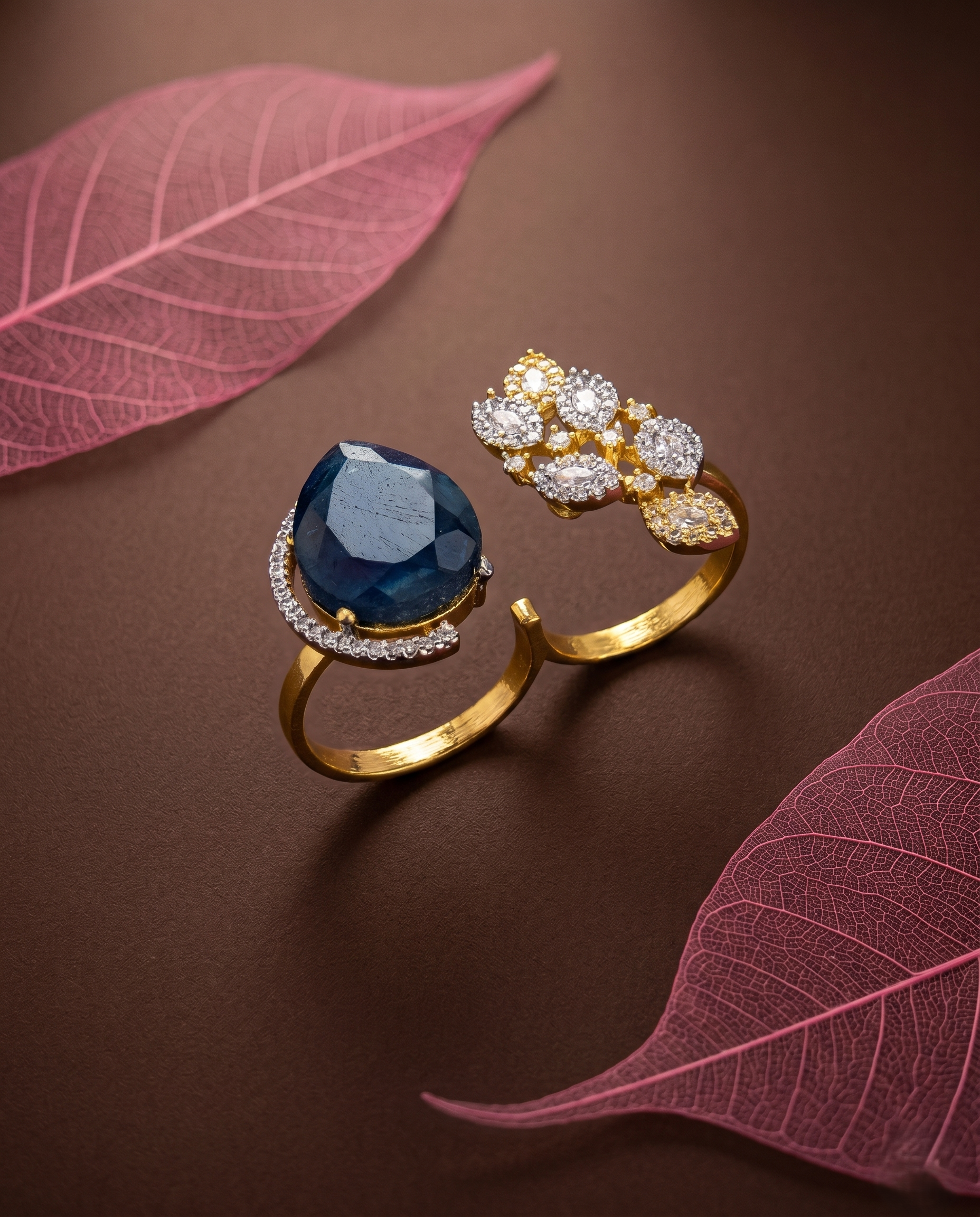 Dual Elegance Adjustable Ring – Statement Stone & Diamond Cluster | Fit for All Fingers