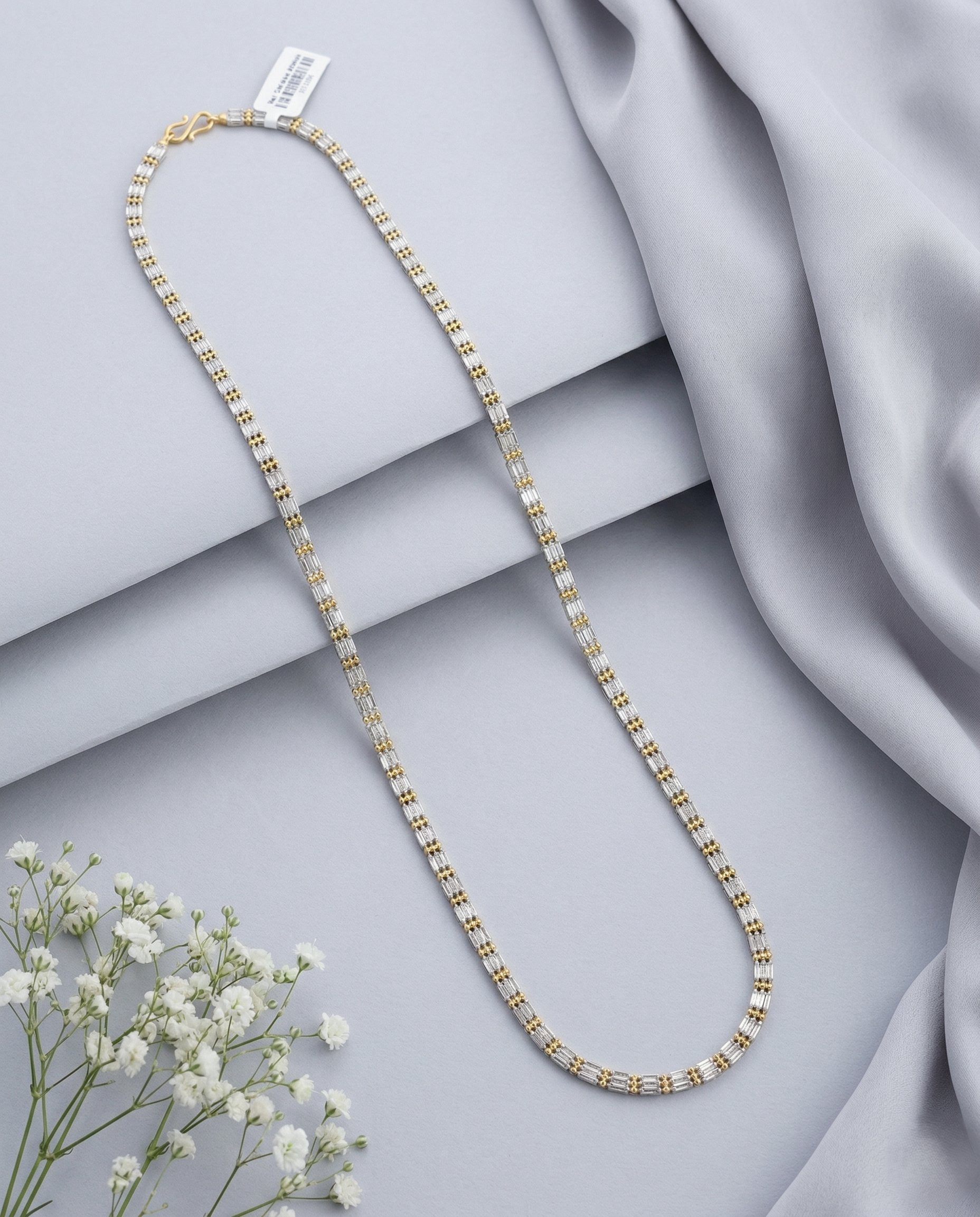 Two Tone Bar Link Chain Necklace | Silver Rectangular Link Gold Bead Long Chain for Women