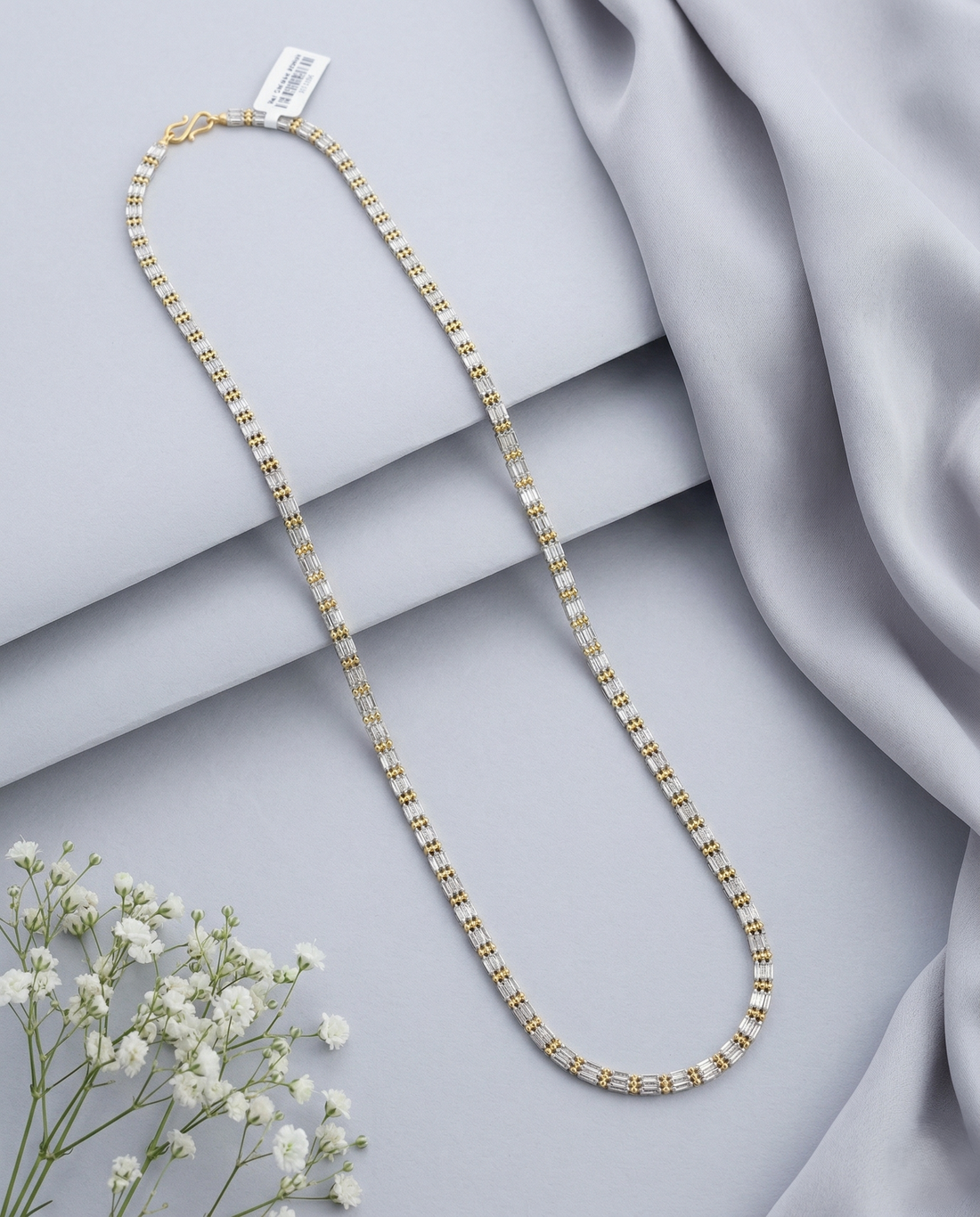 Two Tone Bar Link Chain Necklace | Silver Rectangular Link Gold Bead Long Chain for Women