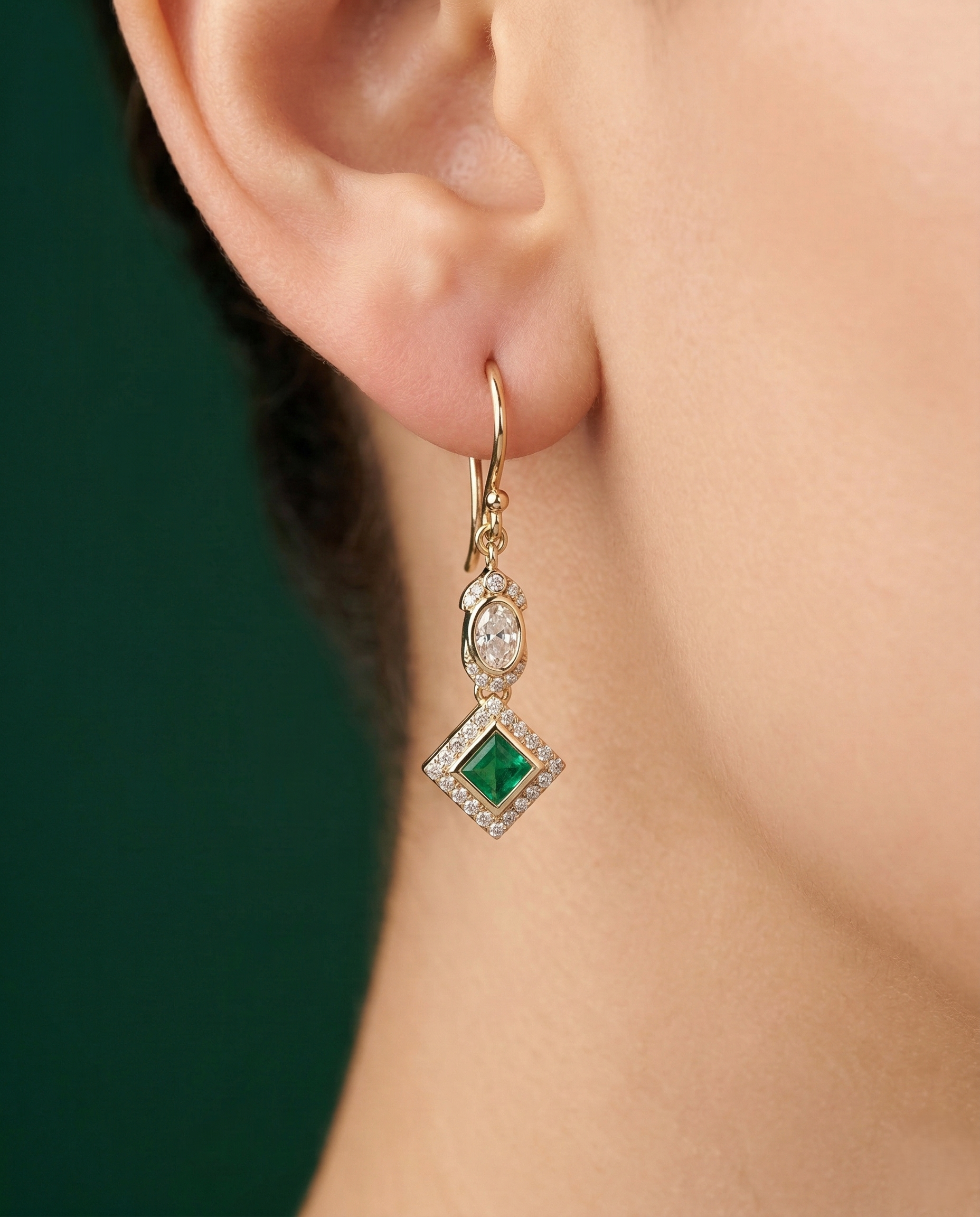 Premium Kundan Square Drop Earrings White Ruby Green