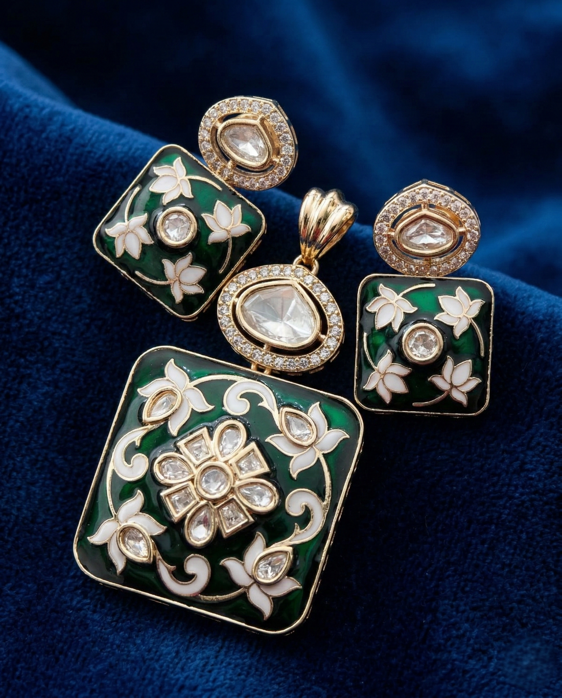 Floral Enamel Kundan Pendant Set with Earrings – Green & Ruby Variants