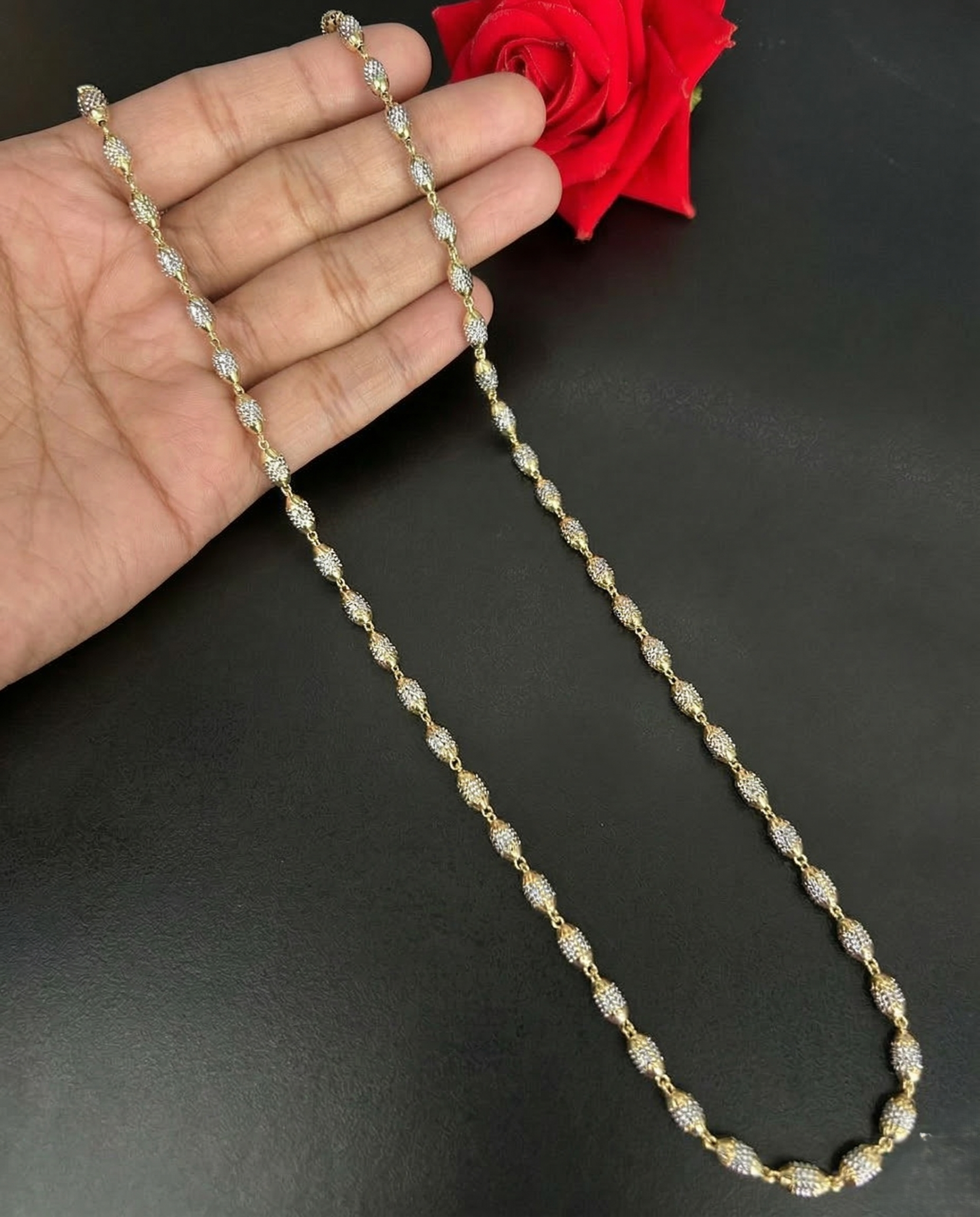 Premium Italian Two Tone Oval Beaded Chain Necklace Gold Silver Finish