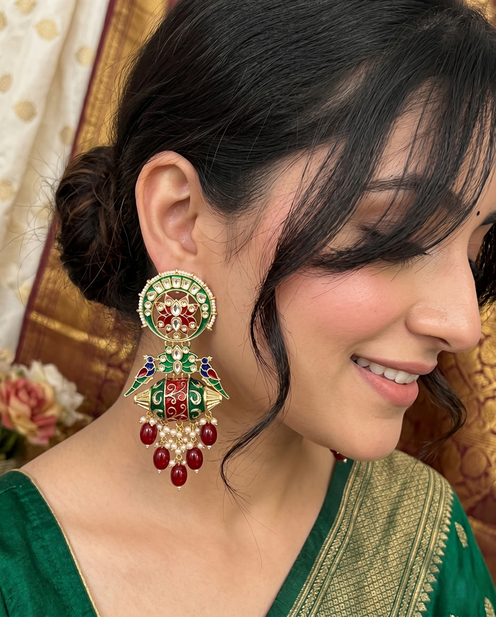 Traditional Meenakari Jhumka Earrings with Kundan, Bird Design & Pearl Drops (Gold Polish)
