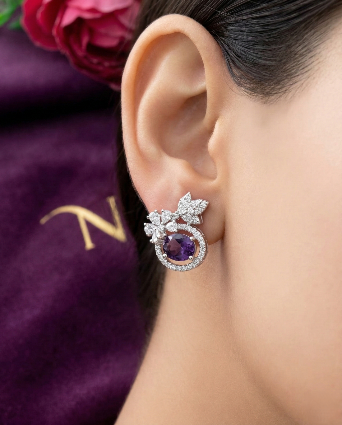 Butterfly Floral CZ Designer Stud Earrings – Silver Finish | 10 Colour Variants