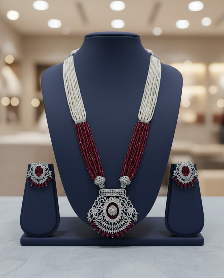 Pearl and Maroon Beaded Long Necklace Set with Earrings