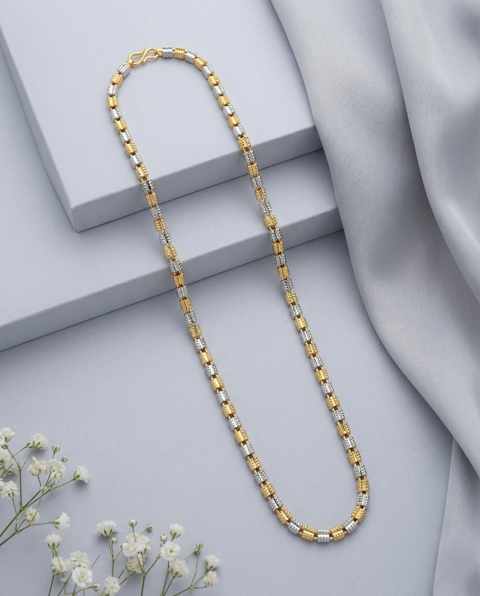 Two Tone Geometric Long Chain Necklace | Gold Silver Textured Link Chain for Women