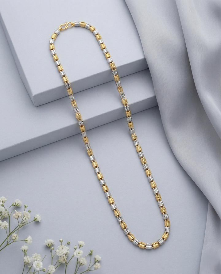 Two Tone Geometric Long Chain Necklace | Gold Silver Textured Link Chain for Women