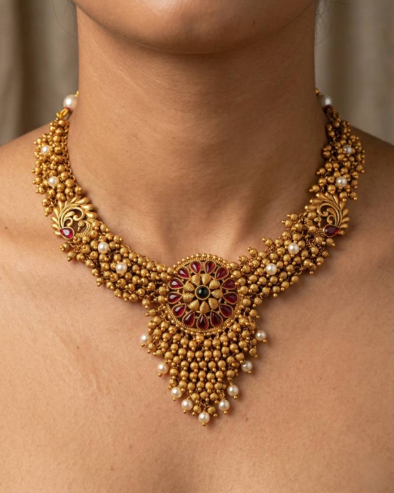 Antique Gold Ghunghroo Beaded Necklace Set with Floral Pendant and Matching Earrings