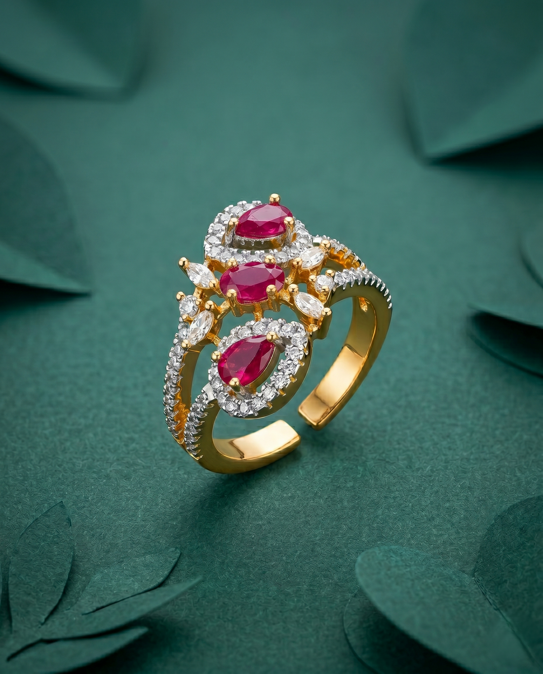 Tri Stone Designer Diamond Ring Gold Plated Adjustable (White / Green / Red)