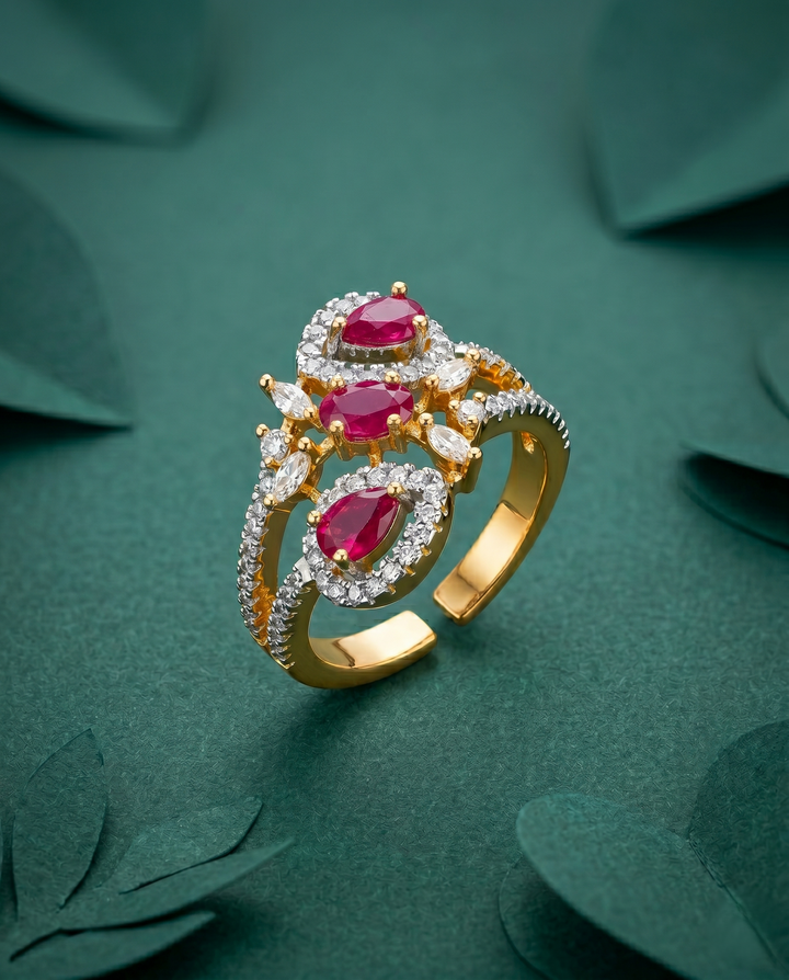 Tri Stone Designer Diamond Ring Gold Plated Adjustable (White / Green / Red)