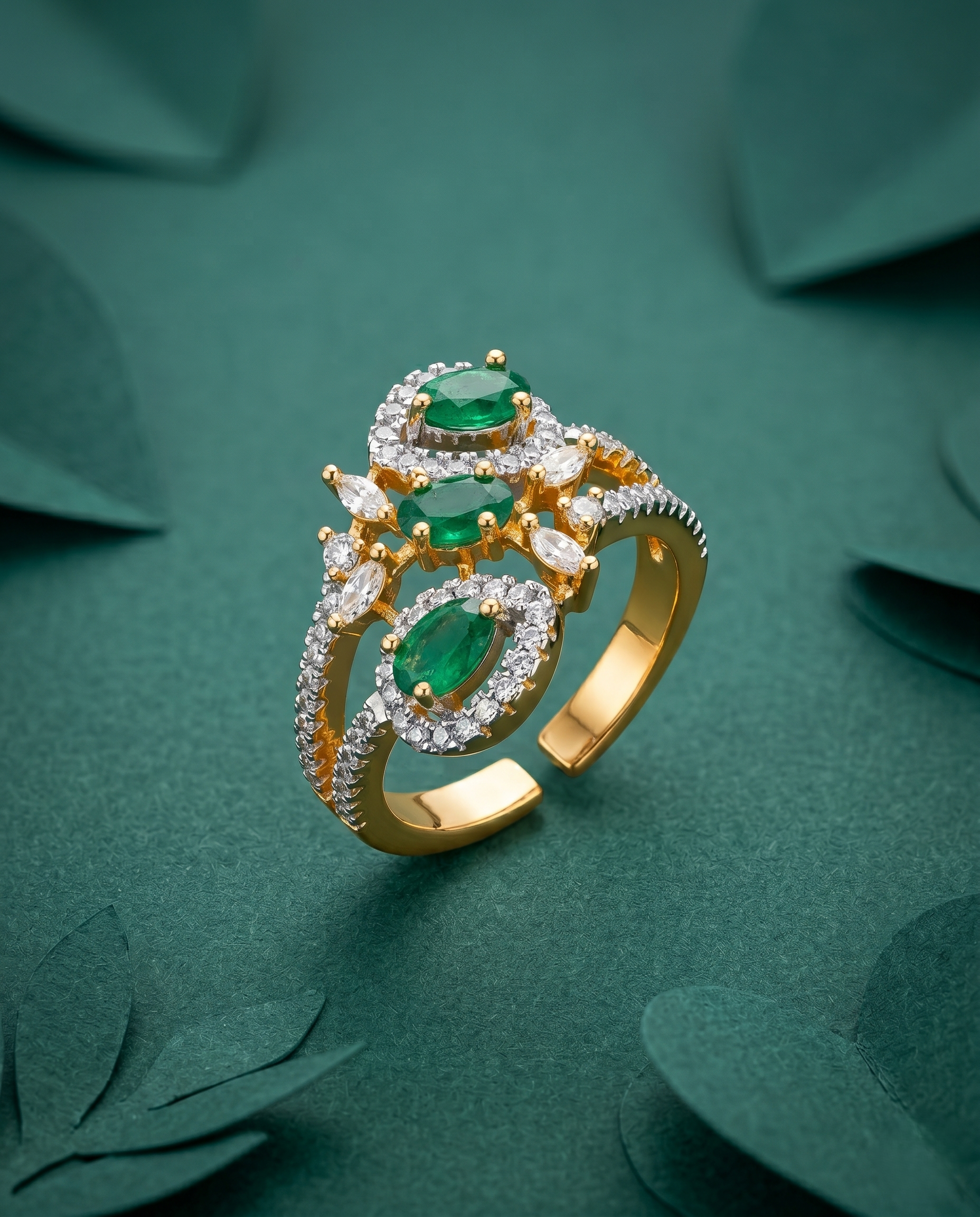 Tri Stone Designer Diamond Ring Gold Plated Adjustable (White / Green / Red)