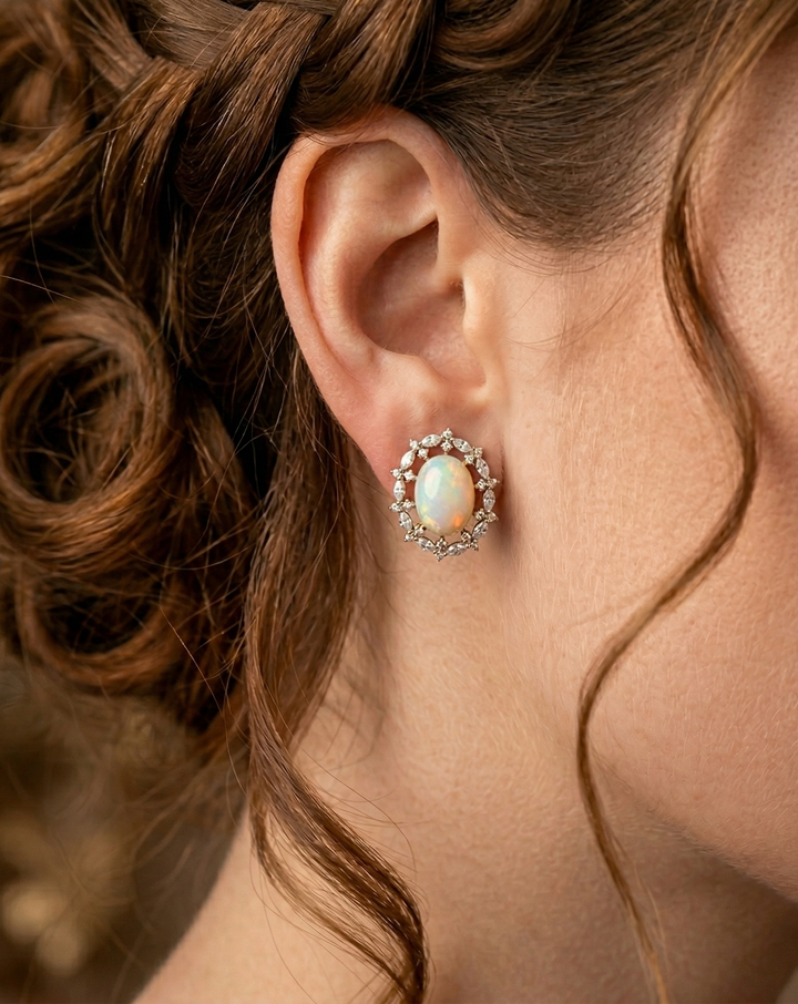 Premium Pearl Halo Luxe Studs – Gold Polish Oval Pearl Diamond Earrings