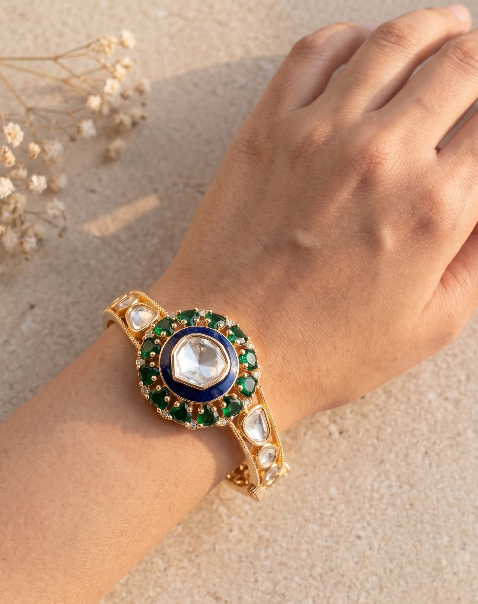Green Polki Kundan Openable Kada for Women