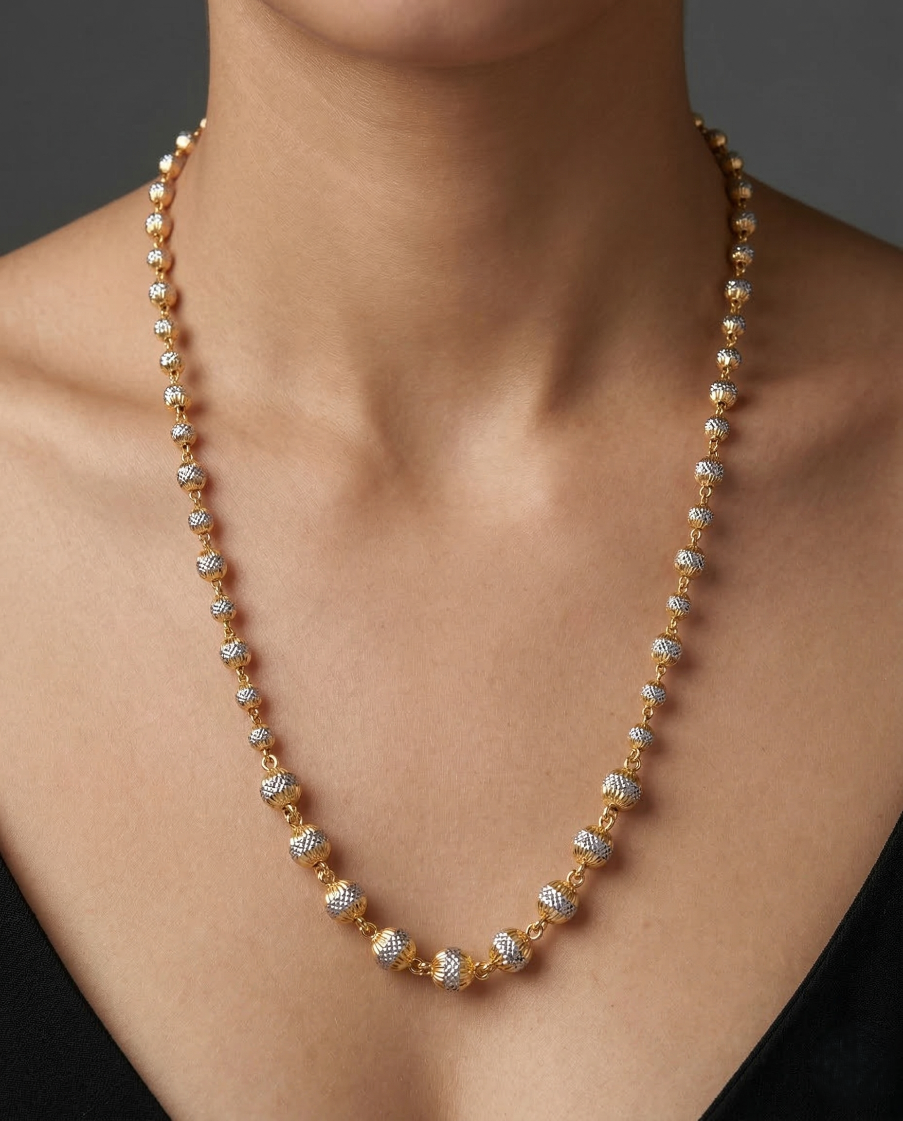 Premium Italian Two Tone Beaded Chain Necklace Gold Silver Finish