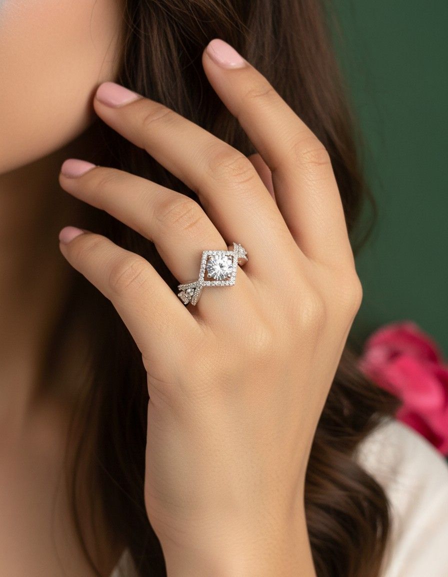 Square Halo Diamond Finish Adjustable Ring for Women