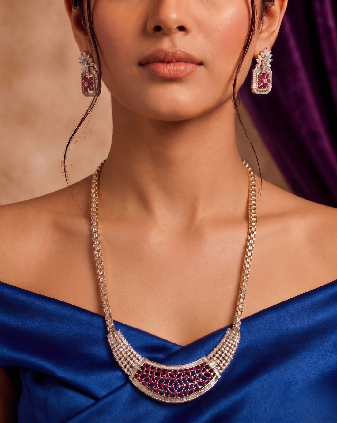 Rajeshwari Ruby Lattice Diamond Necklace Set