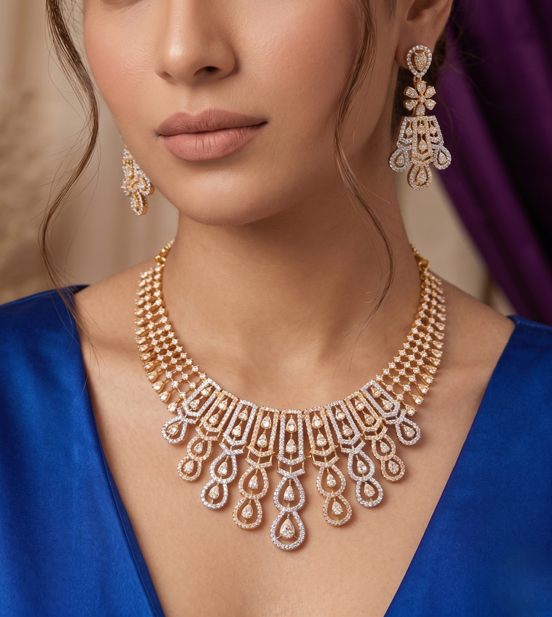 Aarohi Cascade CZ   Gold Plated Jewellery Set for Women
