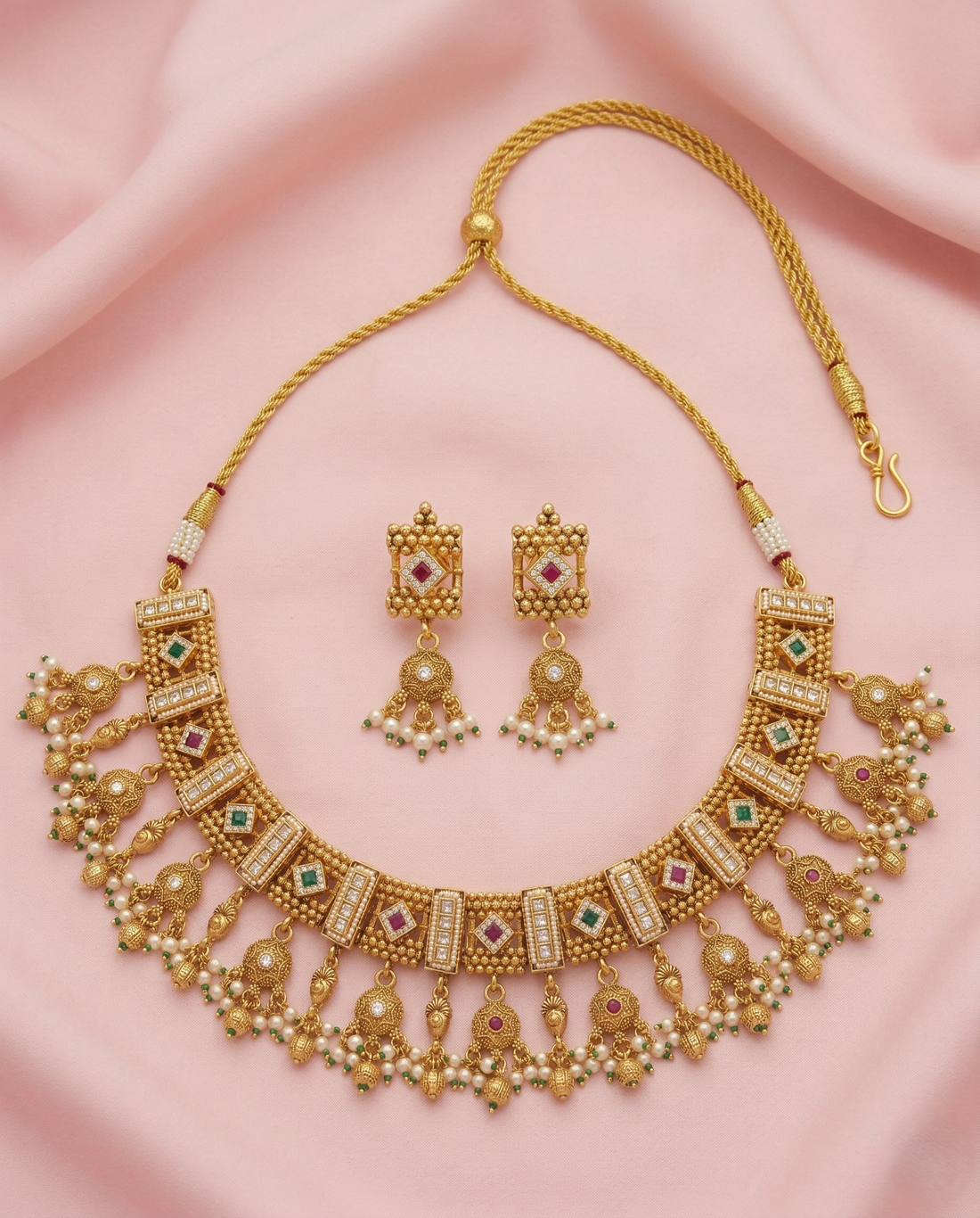 Traditional Gold Finish Choker Necklace Set with Kundan Work & Pearl Drops