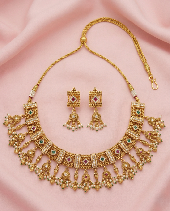 Traditional Gold Finish Choker Necklace Set with Kundan Work & Pearl Drops