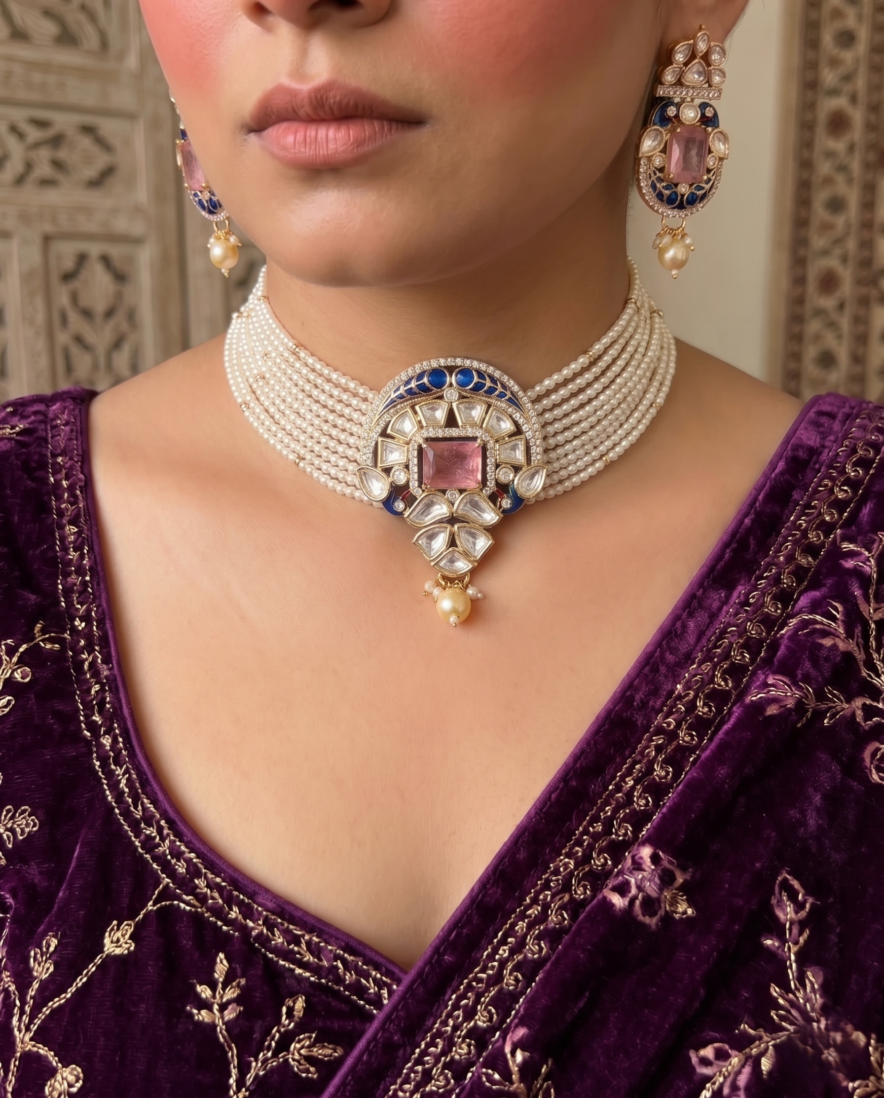 Real Gold Tone Kundan Pearl Choker Necklace Set with Pink Stone and Blue Detailing with Earrings