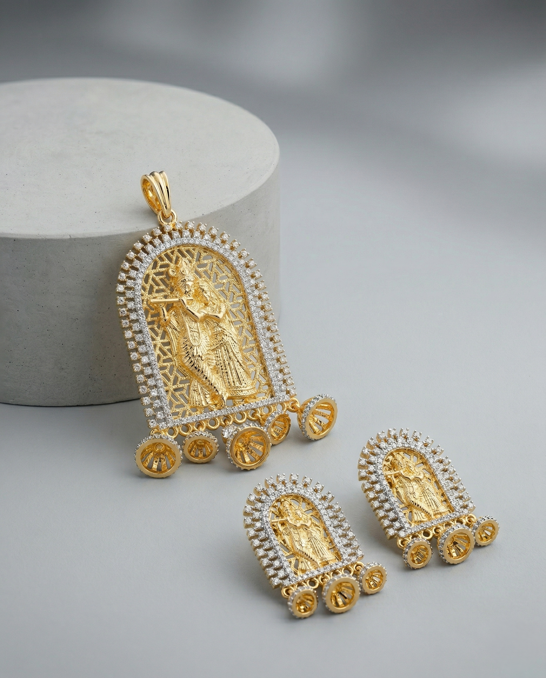 Premium Radhey Krishna Temple Design Pendant Set in Gold Tone