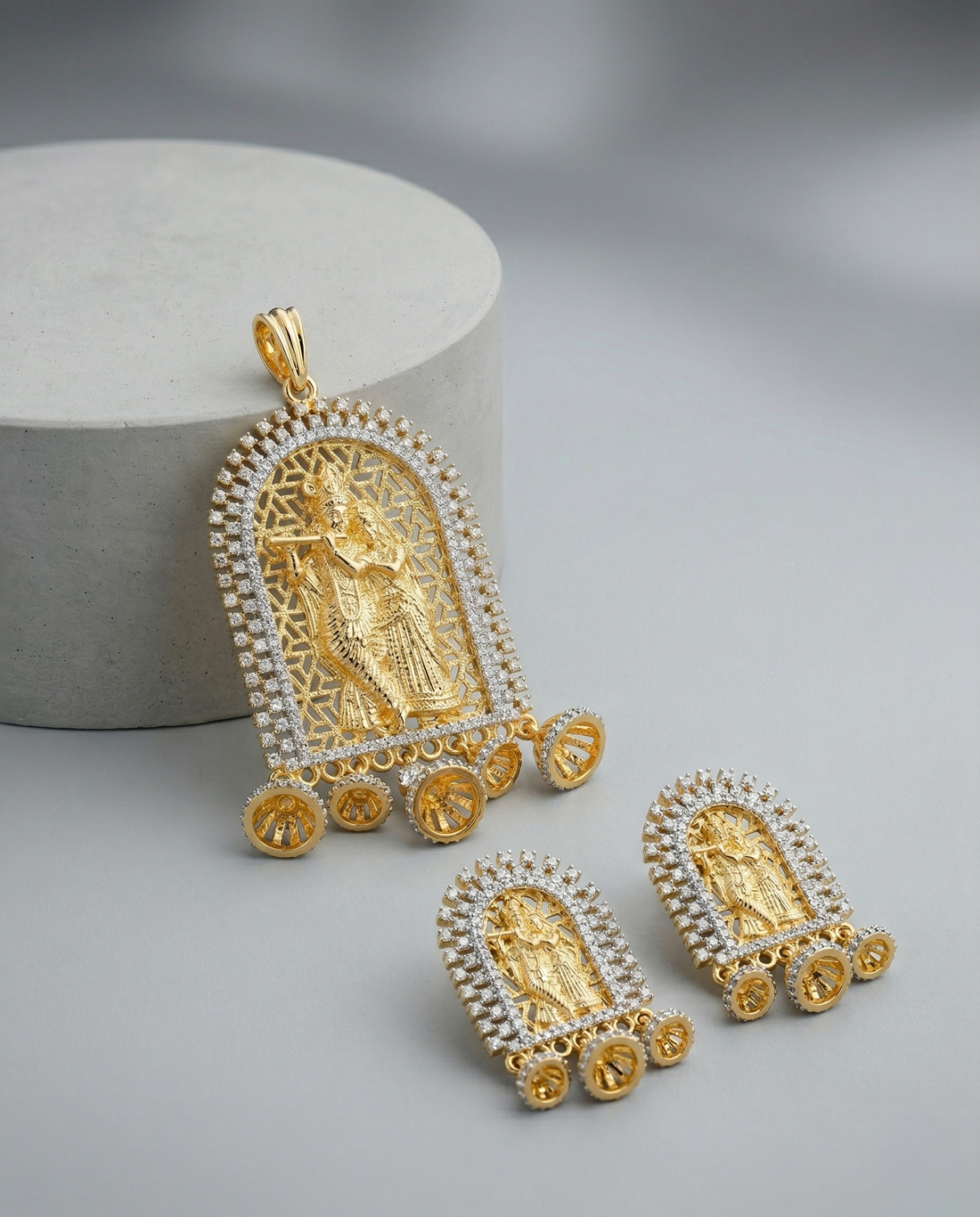 Premium Radhey Krishna Temple Design Pendant Set in Gold Tone