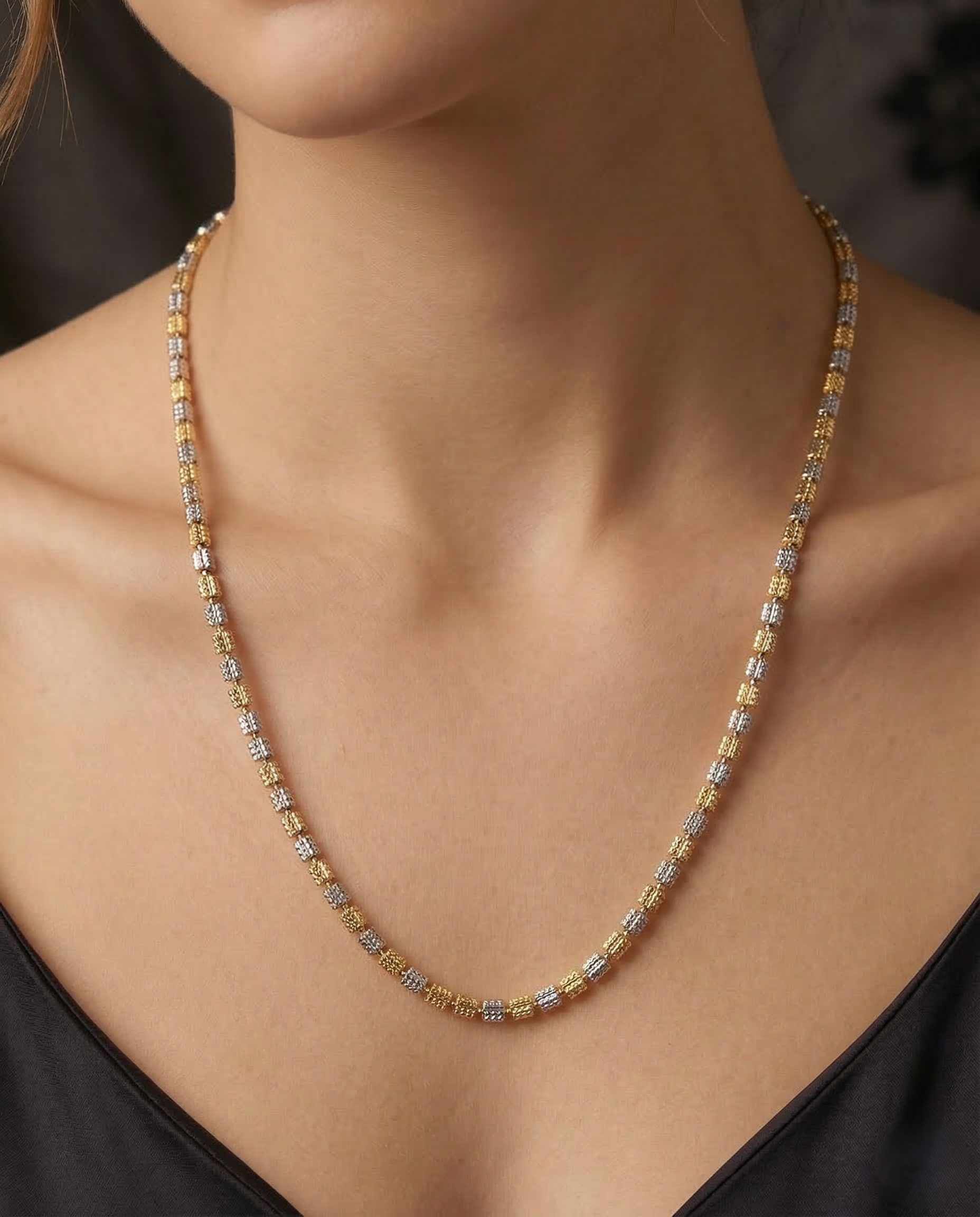 Two Tone Geometric Long Chain Necklace | Gold Silver Textured Link Chain for Women