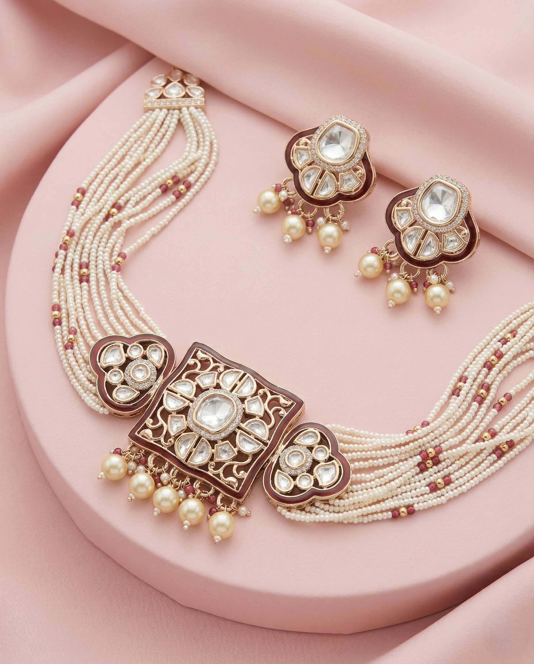 Real Gold Tone Kundan Pearl Choker Necklace Set with Multi Layer Strings with Earrings