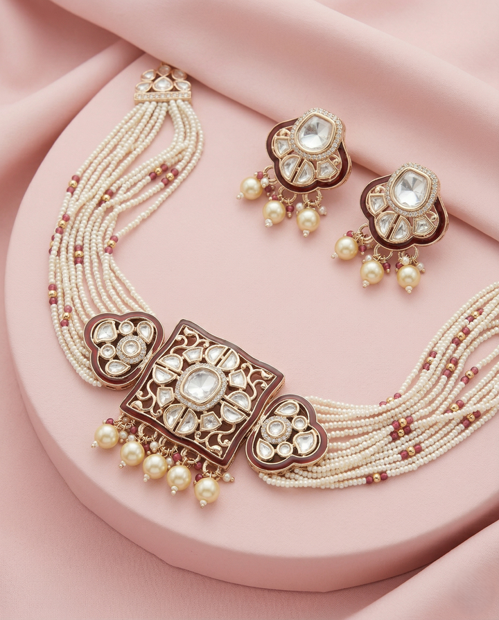 Real Gold Tone Kundan Pearl Choker Necklace Set with Multi Layer Strings with Earrings