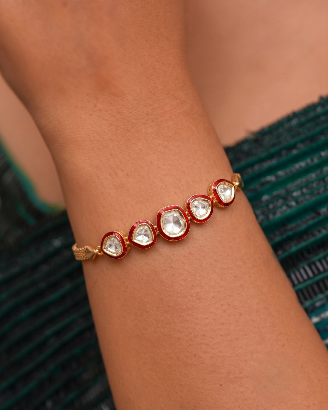 Red Kundan Style CZ Bracelet – Gold Finish Adjustable (Fits 2.2 to 2.10)