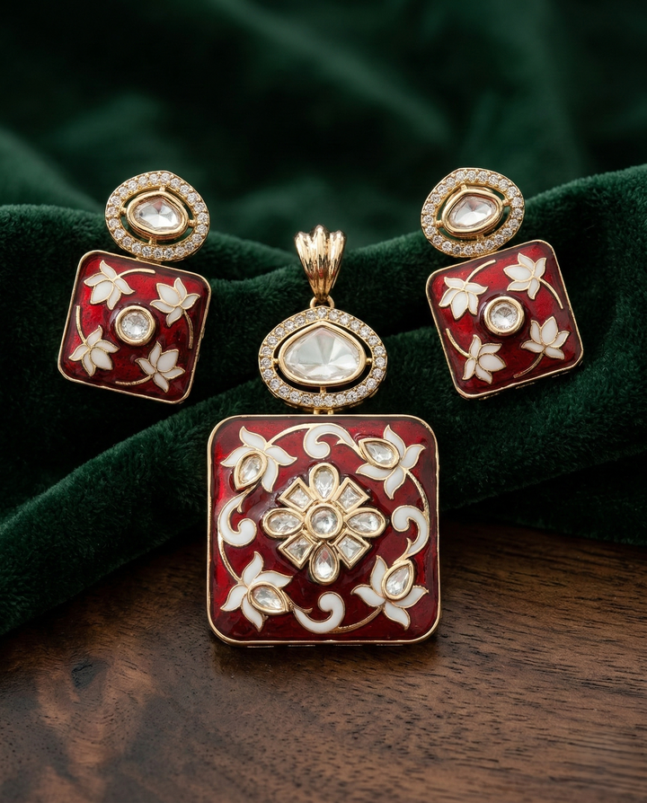 Floral Enamel Kundan Pendant Set with Earrings – Green & Ruby Variants