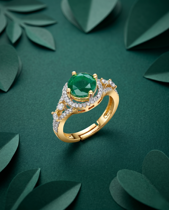 Royal Halo Stone Gold Plated Adjustable Ring (Ruby Red, Diamond White, Emerald Green)