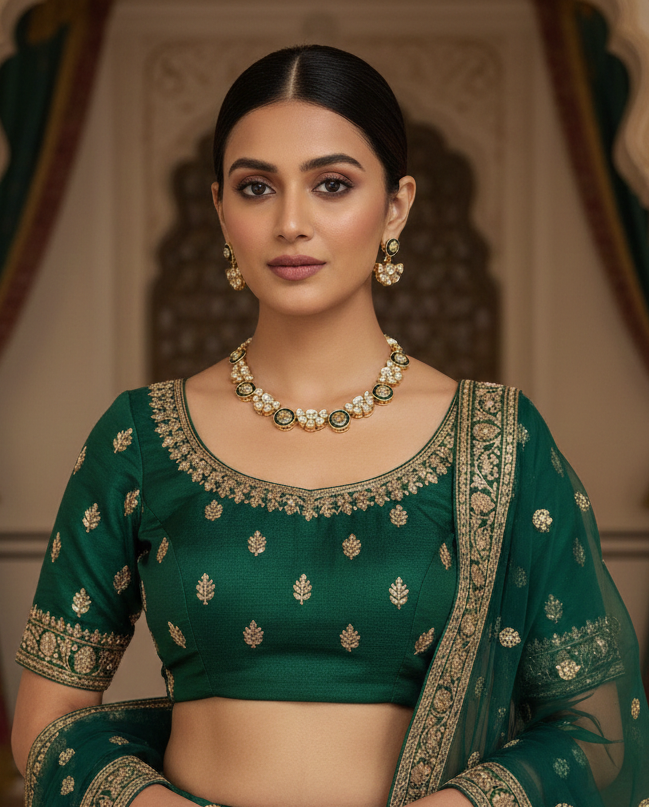 Woman wearing a green saree with gold embroidery against a decorative background