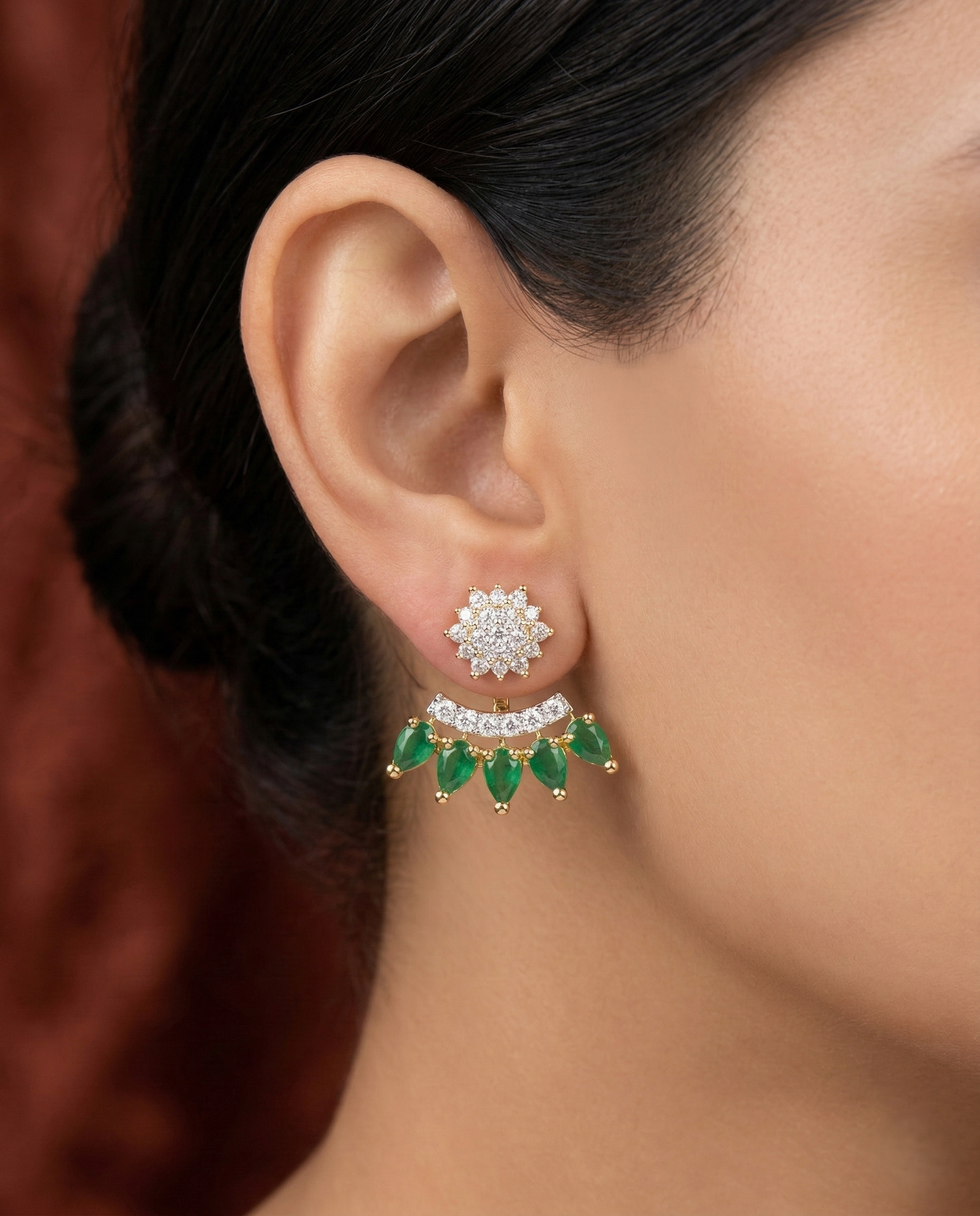 2-Way Convertible Floral CZ Earrings – 2 Colour Green & Ruby Variants